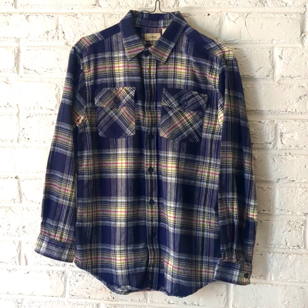 L.L. Bean blue tartan plaid button down flannel shirt